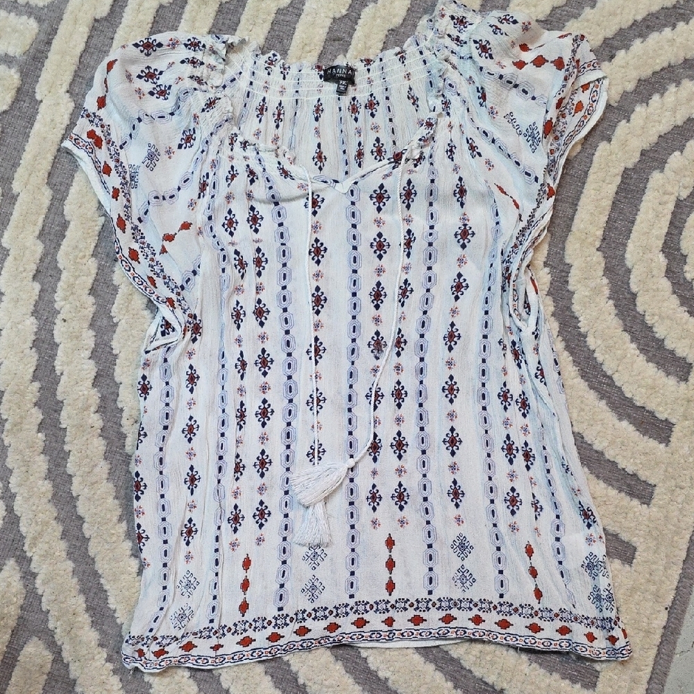 Bohemian White and Blue Patterned Top